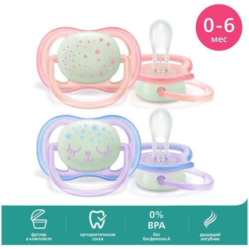 Пустышка для мальчиков Philips Avent ultra air night SCF376/11, с футляром для хранения и стерилизации, 2 шт, 0-6 мес