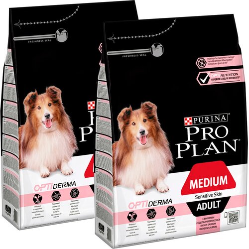 PURINA PRO PLAN ADULT DOG MEDIUM SENSITIVE SKIN для взрослых собак средних пород с чувствительной кожей с лососем и рисом (3 + 3 кг) purina pro plan adult dog optiweight all size light sterilised диетический кастрированные стерилизованные собаки всех пород курица рис 3 кг х 4 шт