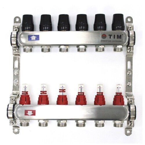 Коллекторная группа нерж с термостатическими вентилями и расходомерами TIM 1"x3/4, 6 выходов Арт. КDS-6