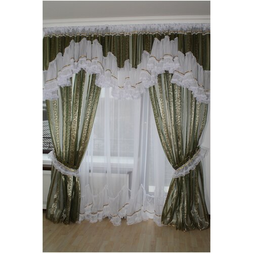 Комплект штор для комнаты Кристина (парча зеленая + рюшка белая), парча + нейлон, высота 250 см, по ленте регулируется до 3,5 м