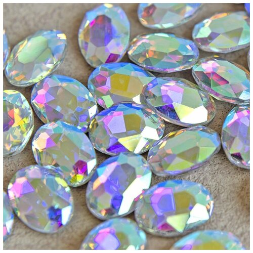 Декоративные кристаллы для рукоделия стеклянные овал 14 шт размер 14х10 мм, цвет Crystal AB- прозрачный/бензиновый