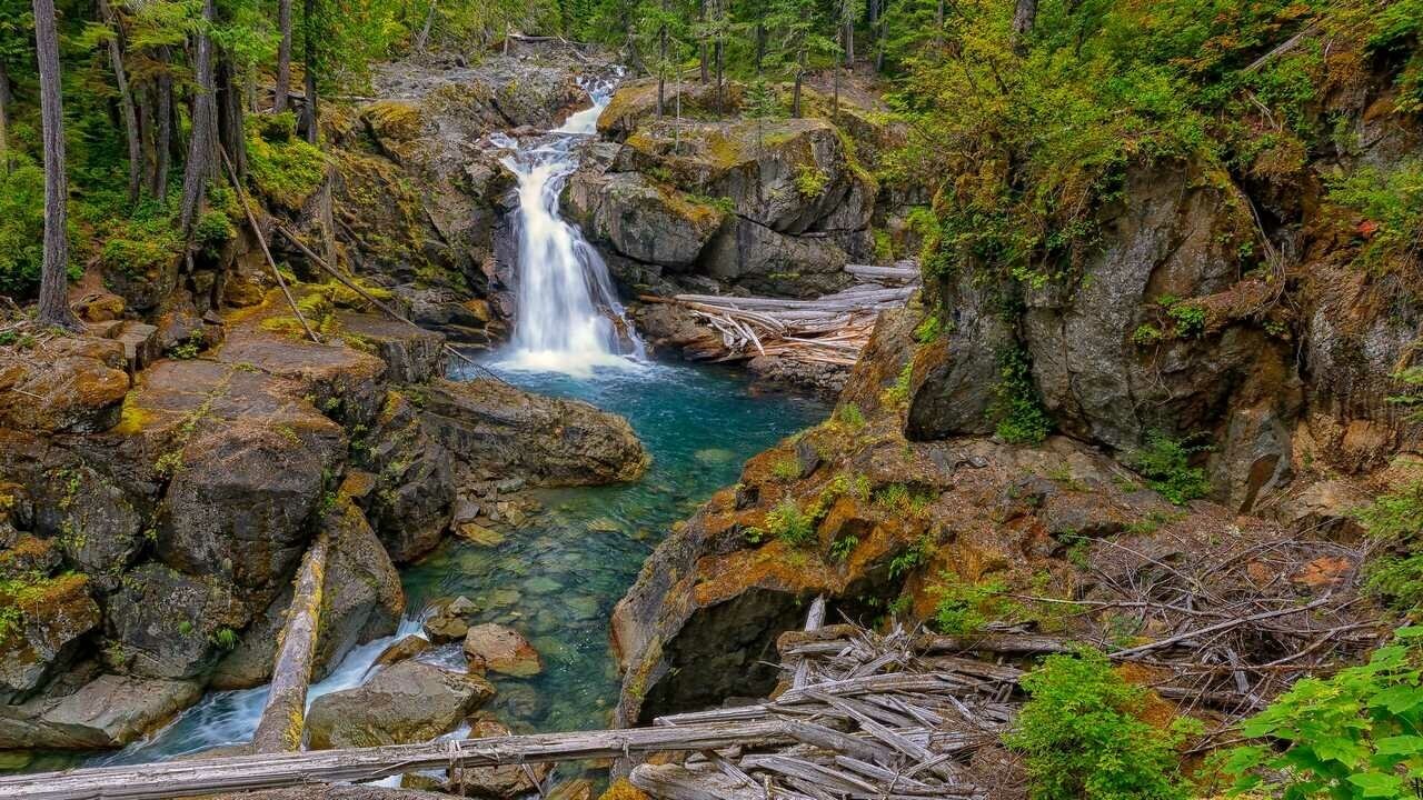 light breaking through sky, River, forest, waterfall