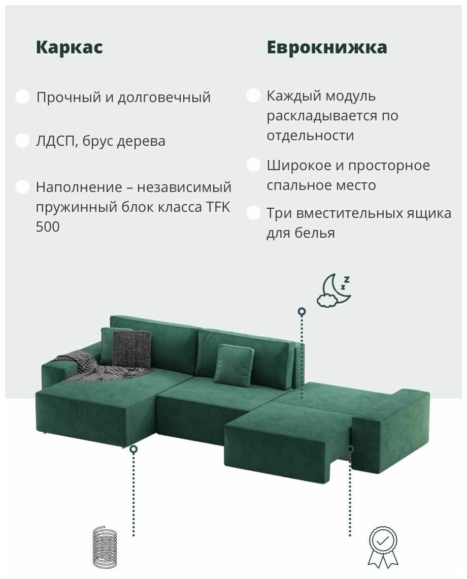 Диван кровать, зеленый, прямой, еврокнижка, 350х160х80 см, mebelroom