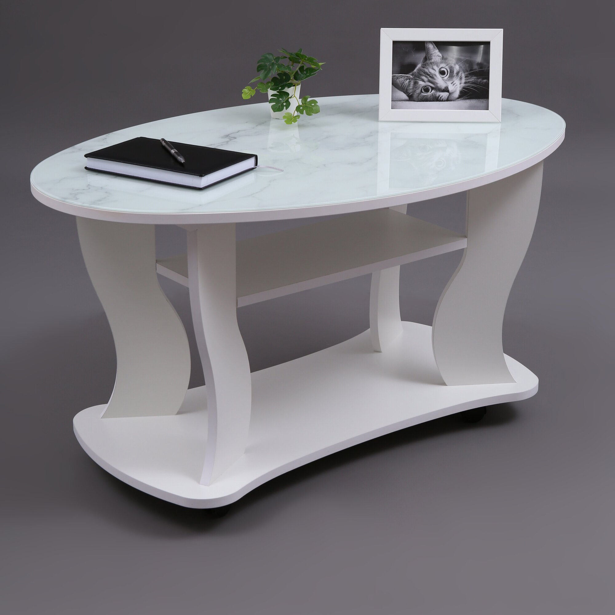 Журнальный стол TAVOLINO LUX, приставной столик, овальный на колесиках, белый/стекло мрамор, 98х60х53,5 см, VERAMENTE