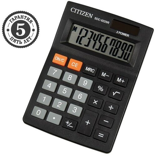 Citizen Калькулятор настольный Citizen SDC-022SR, 10-разрядный, 88 х 127 х 23 мм, двойное питание, черный