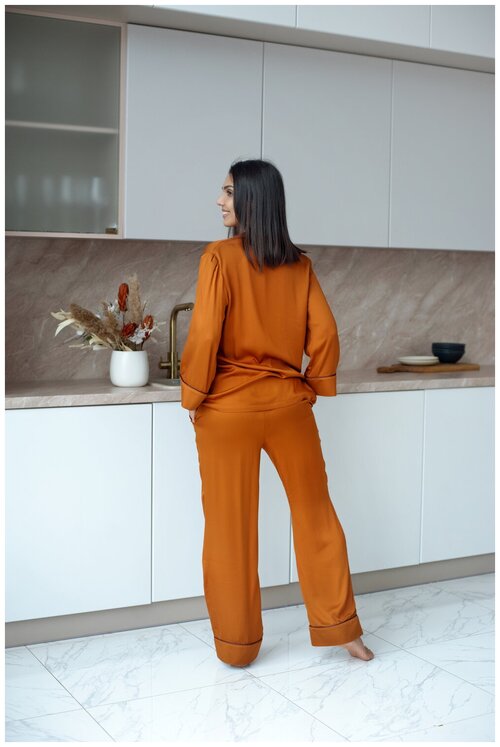 Пижама Pijama Story, брюки, рубашка, длинный рукав, пояс, пояс на резинке, карманы, размер XL, оранжевый