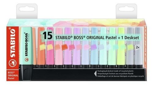 Набор текстовыделителей STABILO BOSS ORIGINAL Pastel, 15 пастельных цветов, на подставке