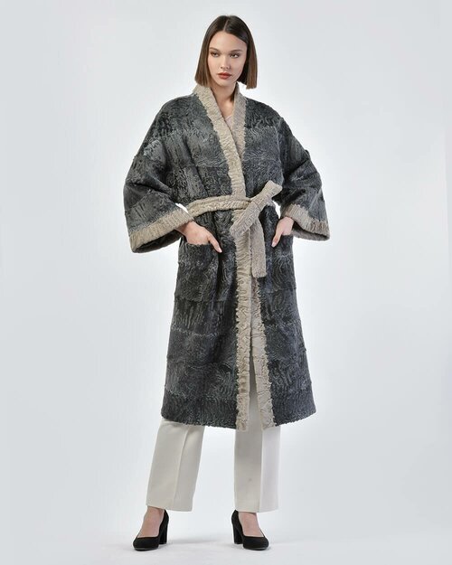 Пальто LANGIOTTI, каракуль, силуэт прямой, пояс/ремень, размер 42, бежевый