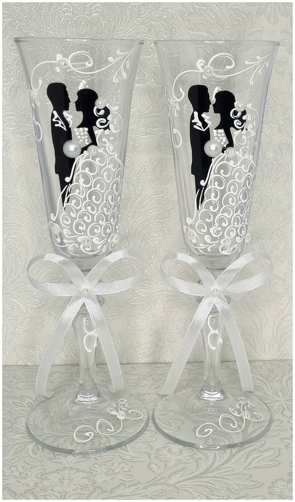 Высокие свадебные бокалы "Супер пара" 23 см в черно-белом цвете /бокалы на свадьбу/фужеры для шампанского/бокалы молодоженов
