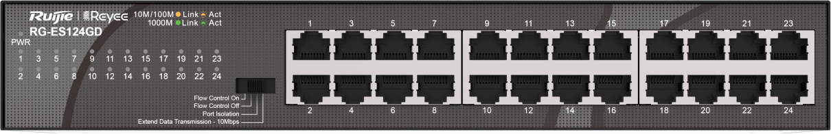 Ruijie Reyee 24-Port 10/100/1000 Mbps Desktop SwitchPORT:24 10/100/1000 Mbps RJ45 PortsDesktop Steel Case