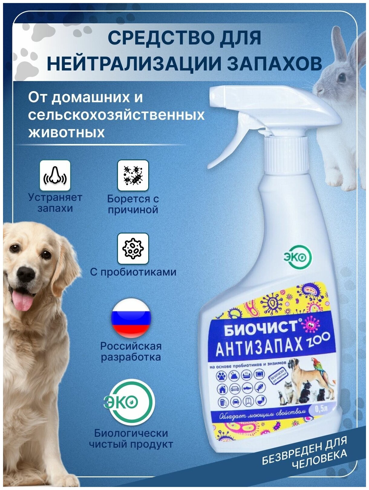 Спрей для удаления неприятных запахов и меток для собак Антизапах Zoo 500 мл.