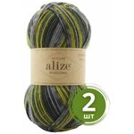 Пряжа Alize Wooltime (Вултайм) - 2 мотка Цвет: 11019 серо-зеленый принт 75% шерсть, 25% полиамид, 100г 200м - изображение