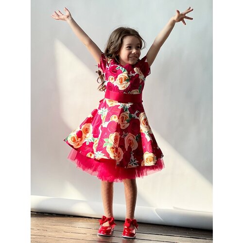 Платье для девочки нарядное бушон ST31, стиляги цвет малиновый/желтый пояс красный, принт красные цветы, размер 134-140