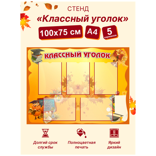 Стенд Классный уголок, 1000х750 мм, 5 плоских карманов А4 стенд классный уголок 1000х900 мм 6 плоских карманов а4 2 плоских кармана а6 дети