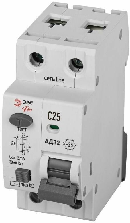 Выключатель автоматический дифференциального тока 1P+N C25 30мА тип АC защита 230В АВДТ 4.5кА PRO D32E2C25АC30P АД32 электронное Б0057352 Эра - фотография № 1