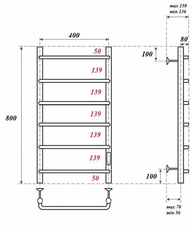 Полотенцесушитель электрический Point PN08848W П6 400x800 диммер справа, белый