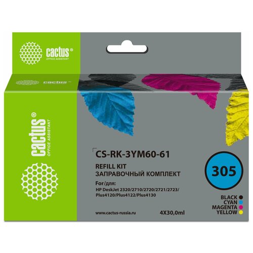 Cactus CS-RK-3YM60-61 чернила (заправочный набор) (HP 305 - 3YM60AE + 3YM61AE) цветной 4 x 30 мл (совместимый) hp cartridge 305 original ink multicolor 3ym60ae