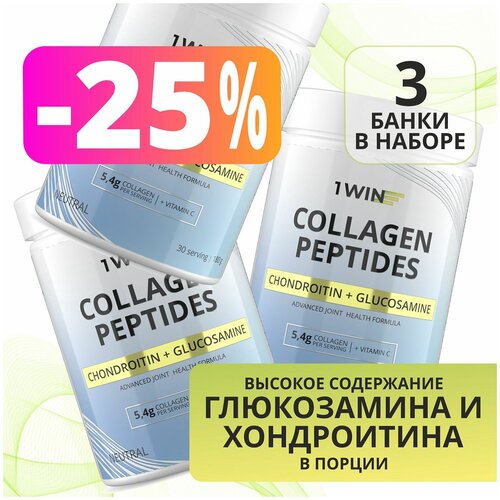 1WIN Коллаген порошок с витамином C, Хондроитином и Глюкозамином, набор из 3 штук