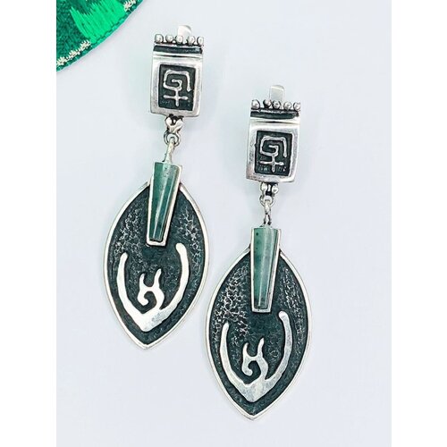 Серьги SADAF, серебро, 925 проба, чернение, оксидирование, нефрит, размер/диаметр 62 мм., зеленый, серебряный