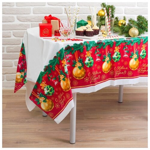 фото Скатерть "с новым годом"шарики, 182 х 137см 3483242 страна карнавалия