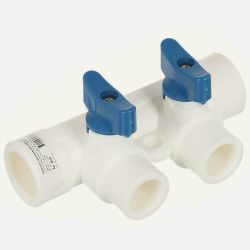 Изображение товара Коллектор полипропиленовый РосТурПласт 25х20 мм, 2 выхода с кранами, белый, для отопления и водоснабжения