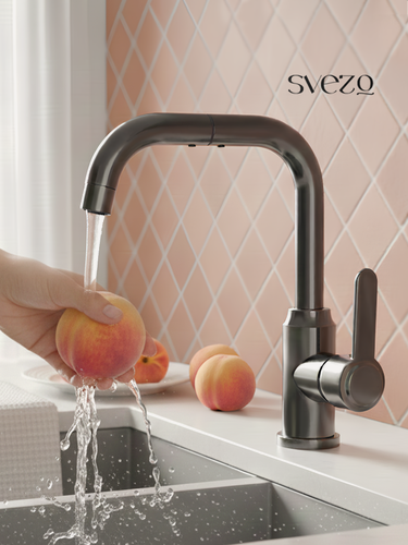 Изображение товара Смеситель для раковины SVEZO, поворотный излив, графит, сантехника