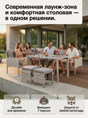 Изображение товара Набор садовой мебели из искусственного ротанга Фьорд Корнер-7 для дачи и террасы (угловой диван и стол, цвет: серый)