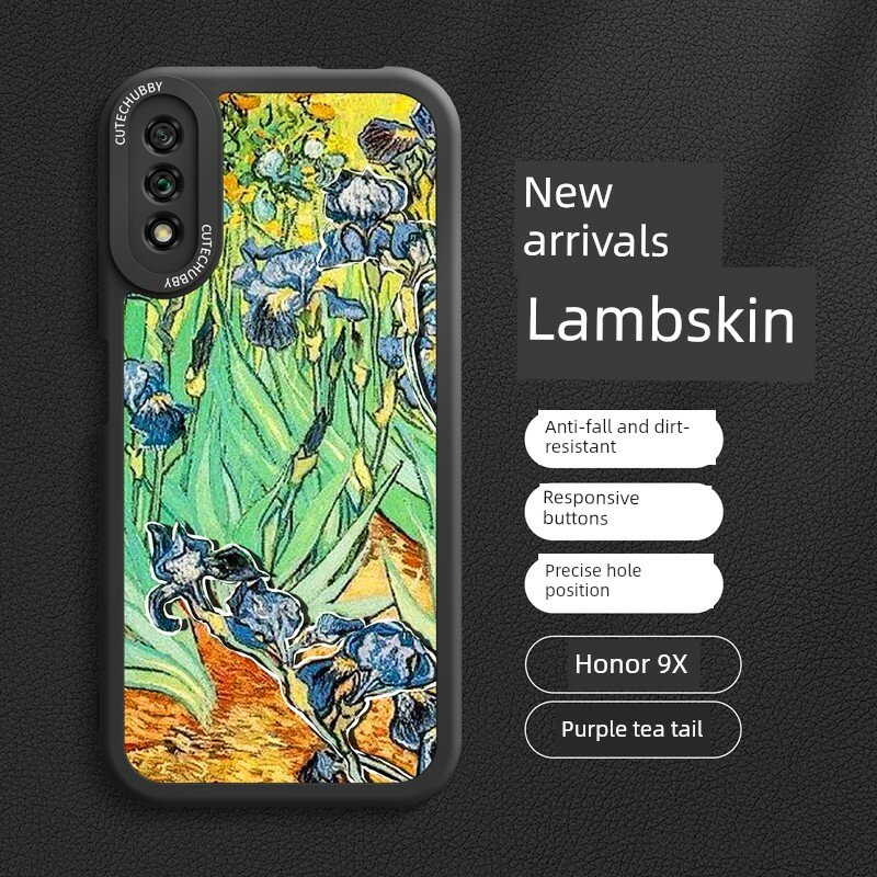 Силиконовый чехол для Honor 9X темно-черный с узором фиолетовой ириса
