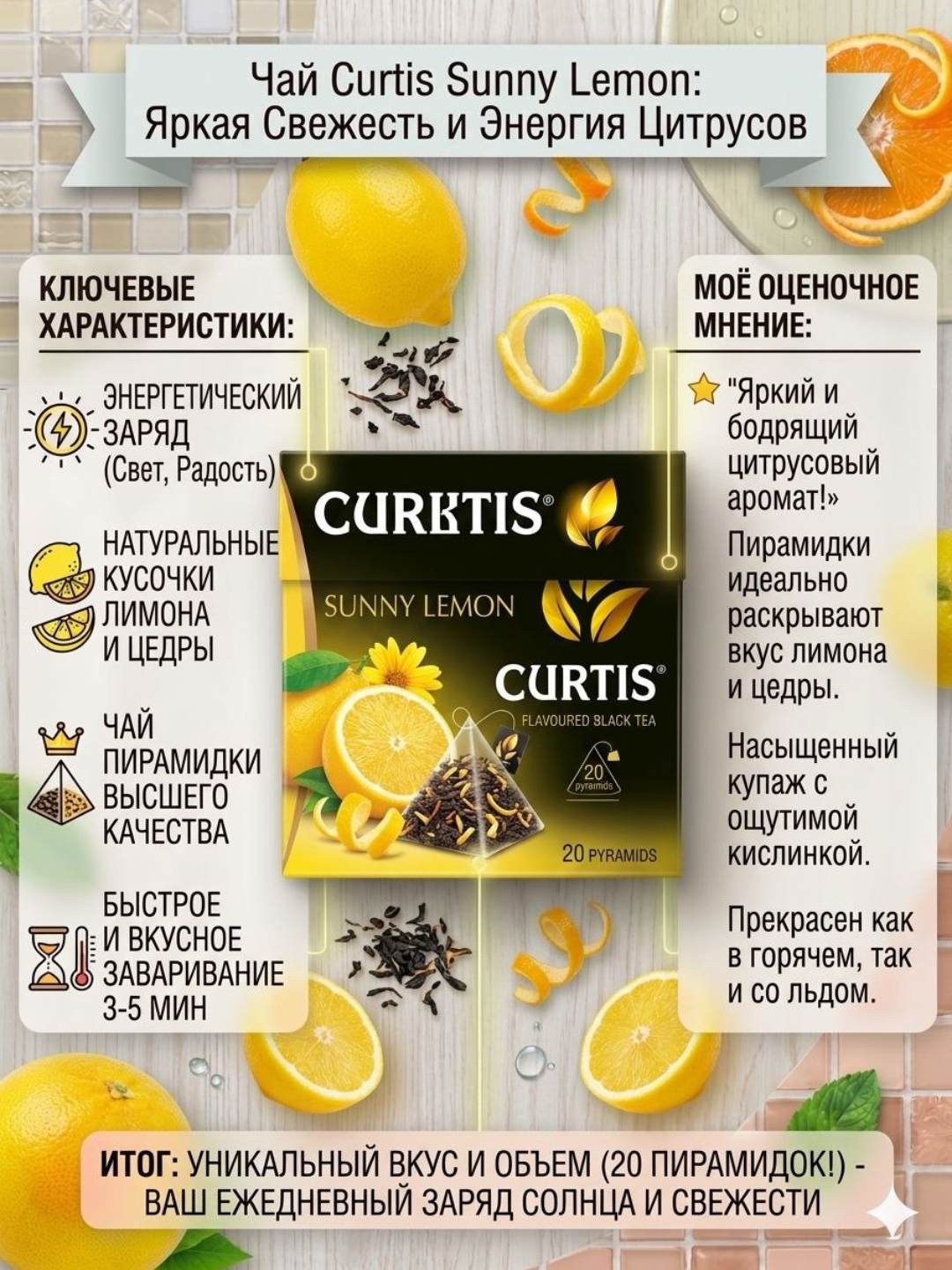 Российский чай CURTIS со вкусами SUNNY LEMON 20 штук, в виде пиромидок