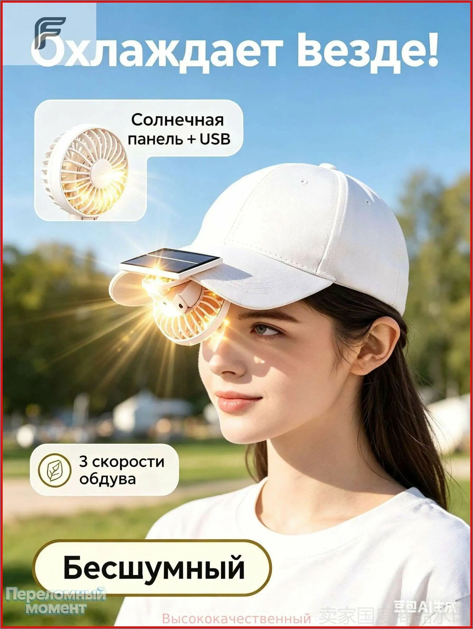 Мини-вентилятор, портативный на кепку с солнечной панелью - аккумуляторный USB, для рыбалки/кемпинга/пляжа