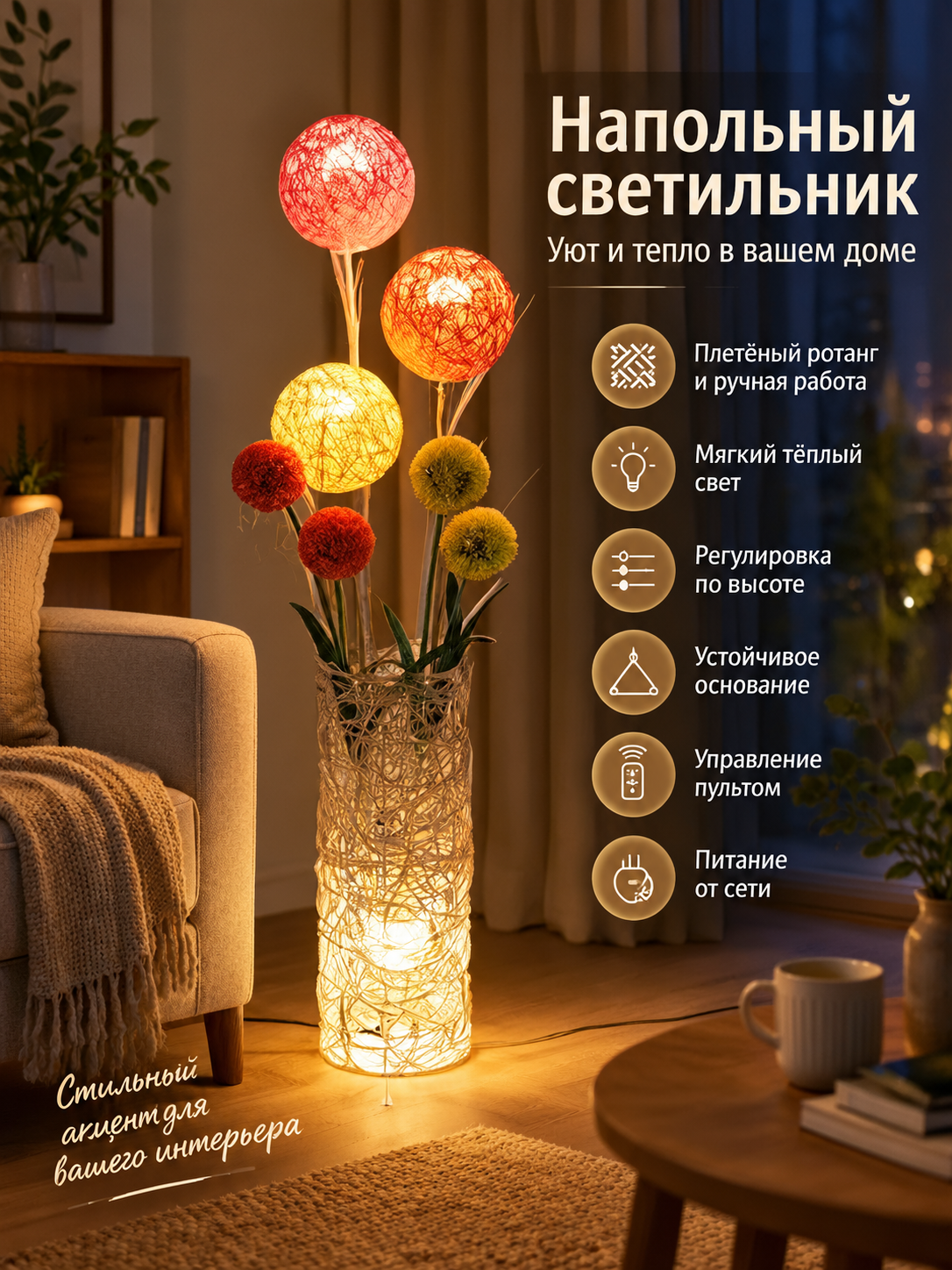 Тёплый напольный светильник ручной работы с ротанговыми плафонами и пультом управления
