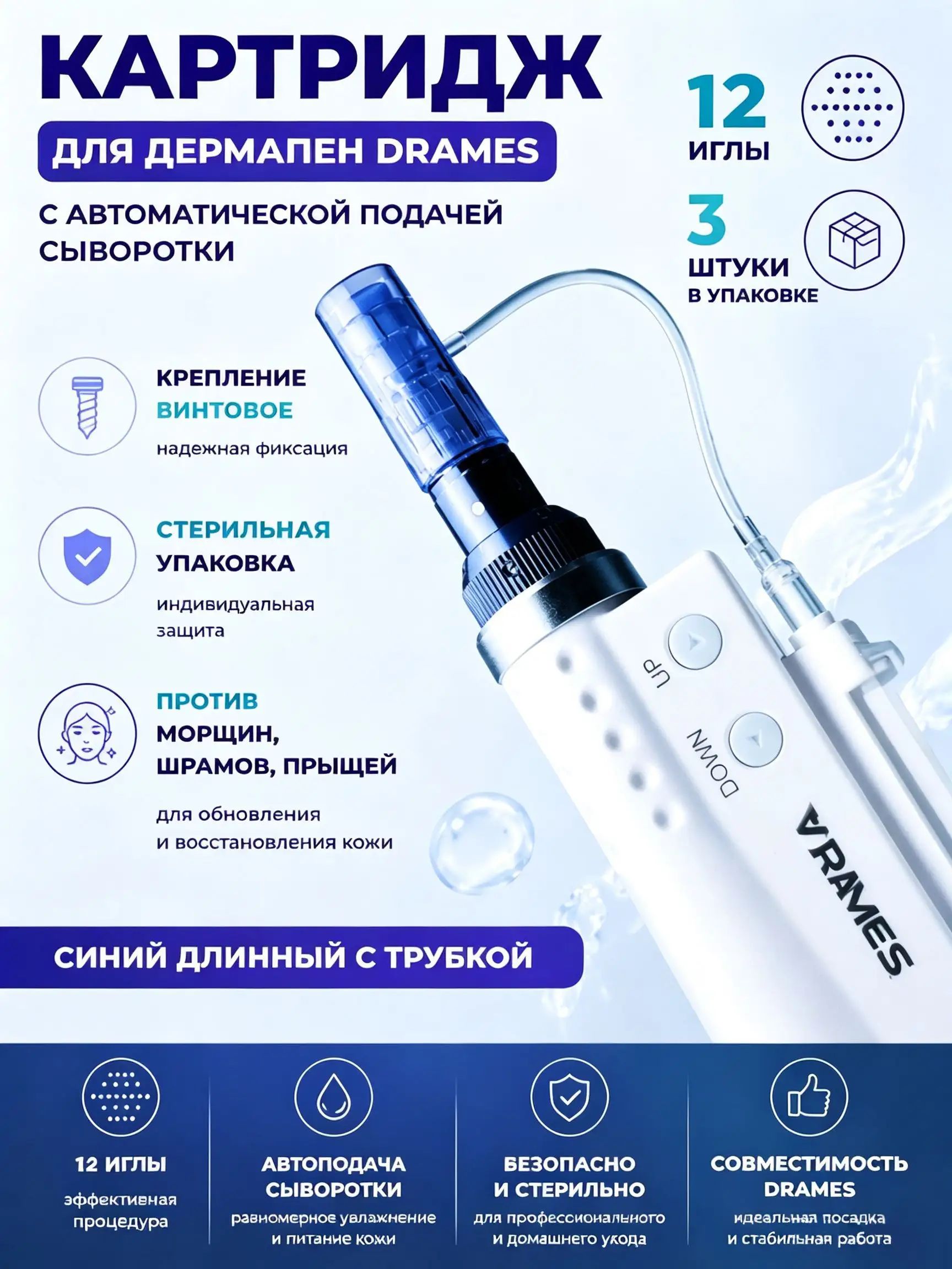 Картридж 12 игл, DraMes 12 needle cartrige, насадка на дермапен, мезопен, 3 шт. для косметологического аппарата, микронидлинга электрического мезороллера