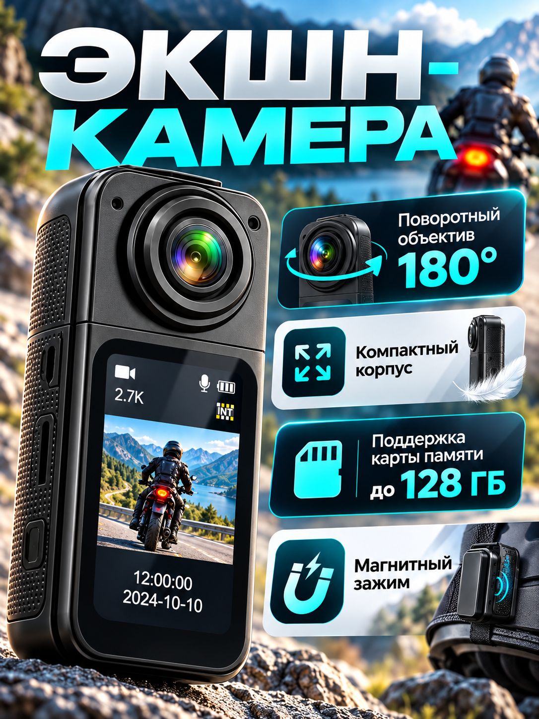 Видеорегистратор RIXET RX-S70 Wi-Fi 2.7K с поворотной камерой 180, мини-камера с записью видео