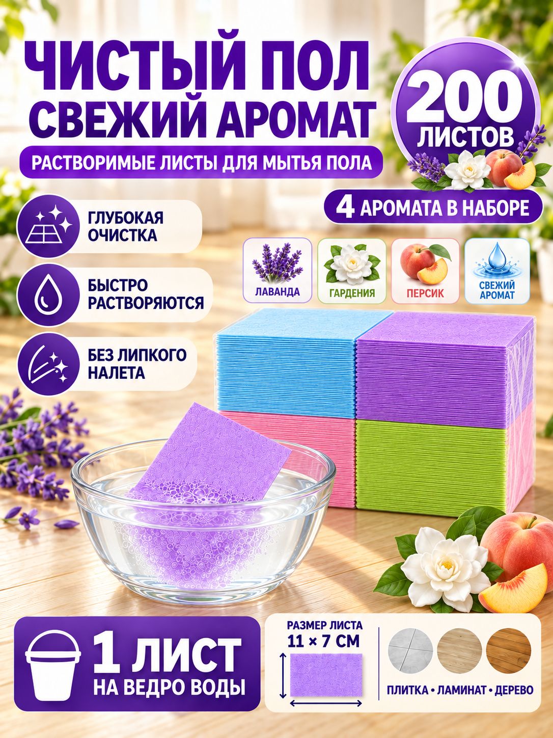200 шт растворимые пластины для мытья пола 4 аромата