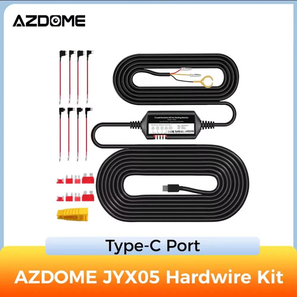 Кабель питания Hardwire Kit AZDOME JYX05 Type-C для видеорегистратора, 12-24В на 5В 2,5А, защита от разряда аккумулятора, режим парковки 24ч