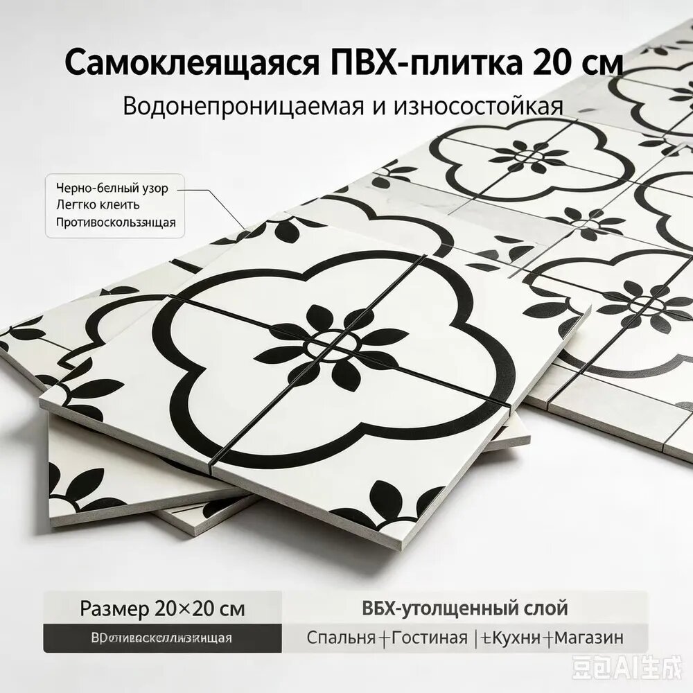Панели самоклеящиеся для ванной, кухни, декора помещений и мебели. Имитация кафельной плитки. Комплект - 10 шт.20cmx20cm