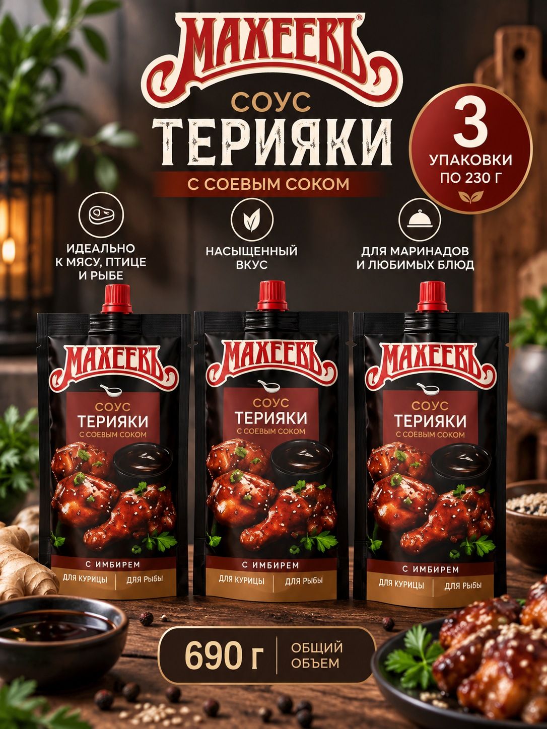 Соус 3 упаковки по 230 гр набор терияки деликатесный