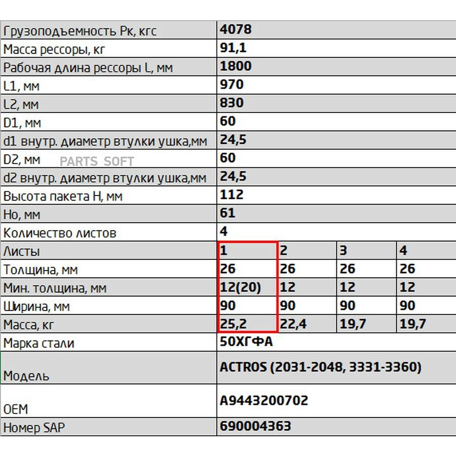 Лист 1 передней 4 х листовой рессоры MB от официального дистрибьютора, SPRINGER, артикул 902604MS290210110