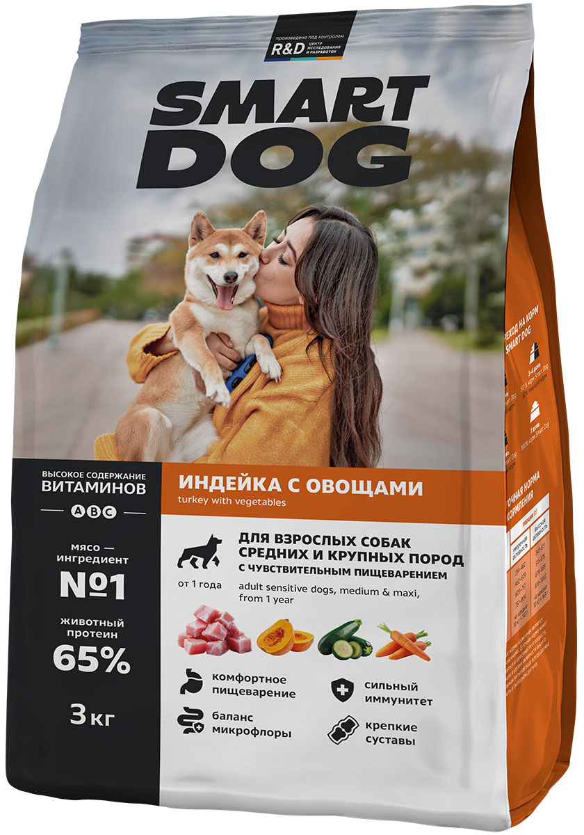 Корм сухой Smart Dog для взрослых собак средних и крупных пород, с чувствительным пищеварением, индейка, овощи, 3 кг