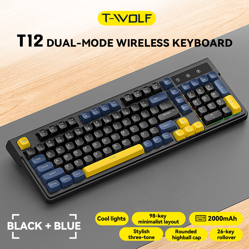 T12 98 Кнопок Беспроводная Игровая Клавиатура 2.4G Bluetooth Тихие RGB Подсветка Черная