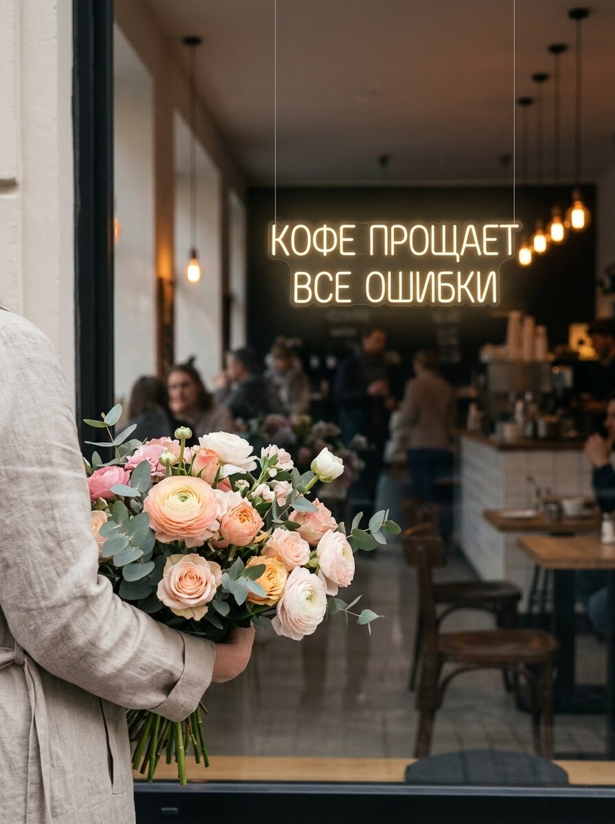 Неоновая вывеска "Кофе прощает все ошибки" 100х30см, неоновая надпись, LED светильник для кофейни