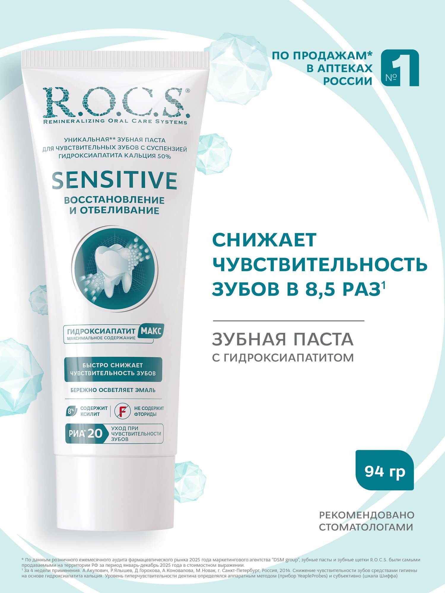 R.O.C.S. Зубная паста SENSITIVE Восстановление и Отбеливание, 94 гр