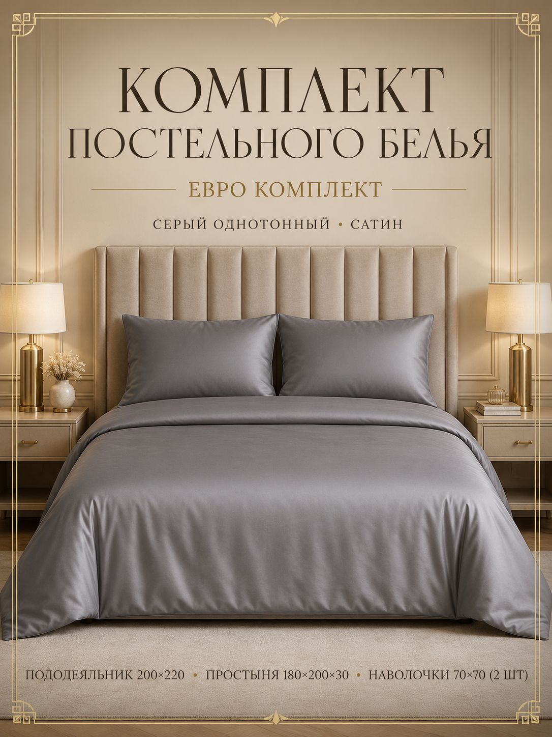 Постельное белье Евро комплект, Сатин премиум, Серый однотонный, наволочки 70x70 / пододеяльник 200х220 / простынь на резинке 180х200х30