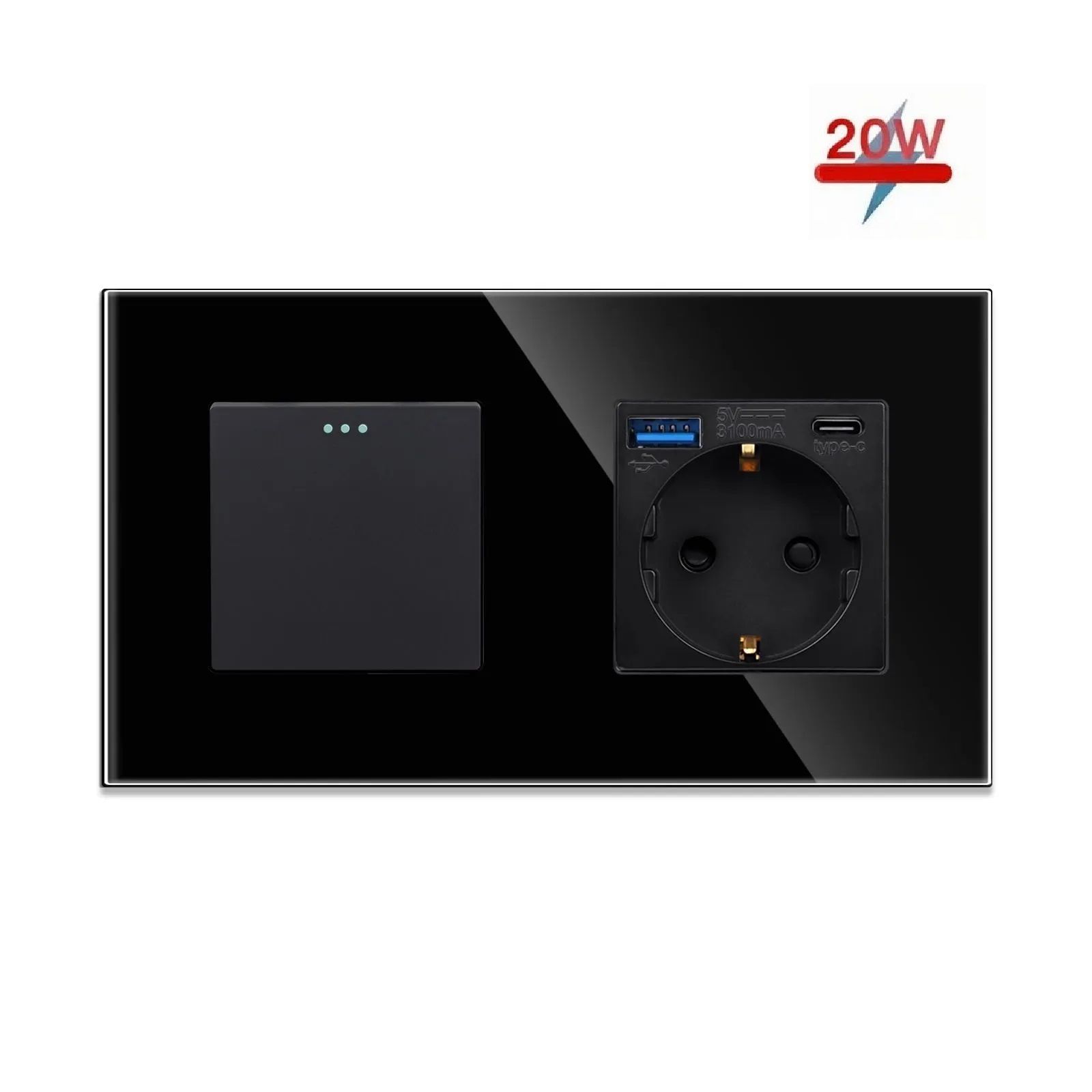 Выключатель с розеткой USB и type-C, 1 клавиша 1 розетка быстрая зарядка 20w