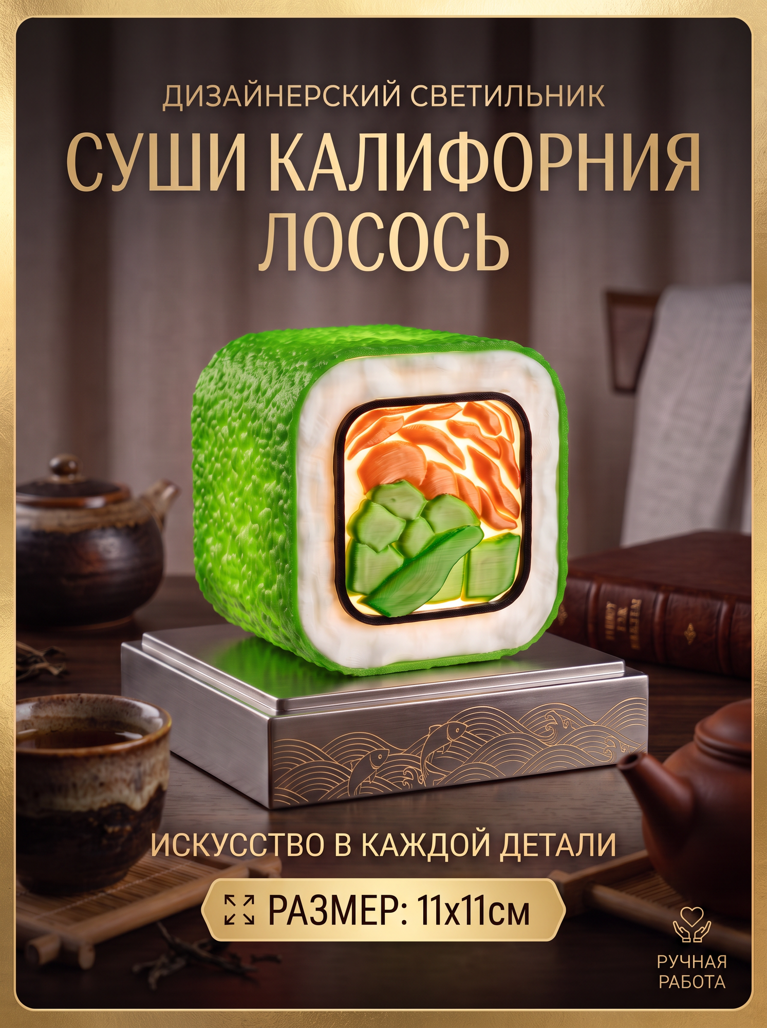 Светильник-ночник Суши Калифорния Лосось Зеленый, дизайнерсакая интерьерная настольная лампа