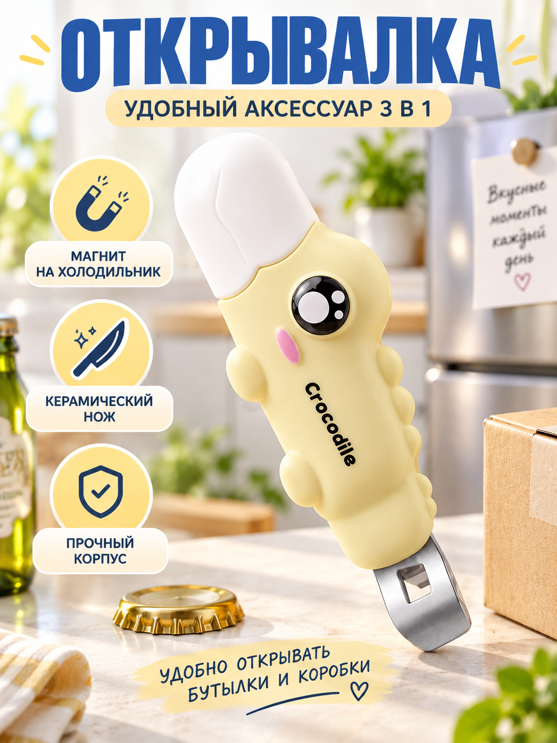 Открывалка 3 в 1 магнитная на холодильник с керамическим ножом для коробок