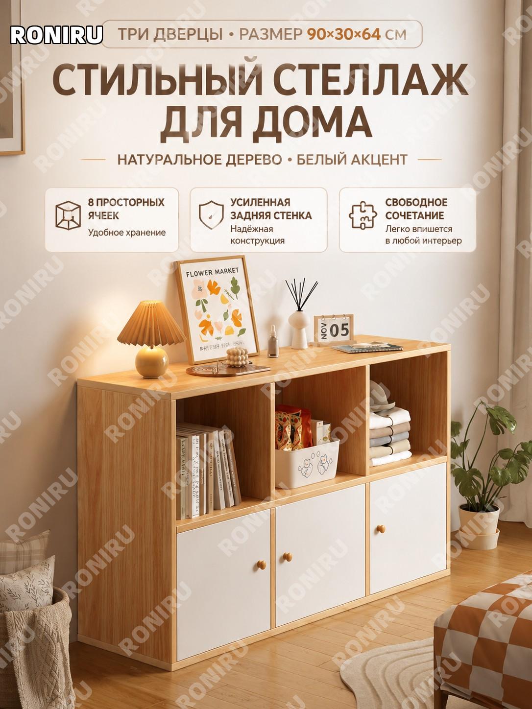 Стеллаж-книжный шкаф 90×30×64 см, 3 двери без ящиков, дождевой дуб серебро и белый, модульный шкаф для хранения