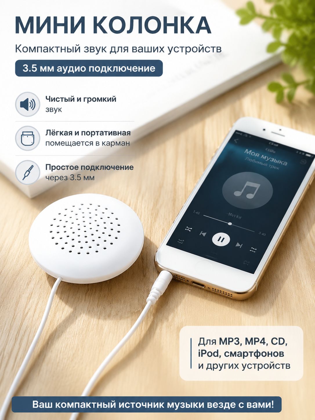 Проводная портативная колонка 3,5 мм аудио разъем, мини динамик для телефона