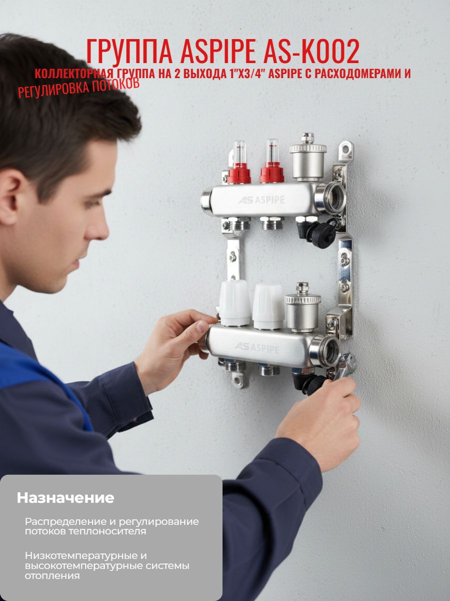 Коллекторная группа на 2 выхода 1"х3/4" Aspipe с расходомерами и воздухоотводчиком, сталь нержавею