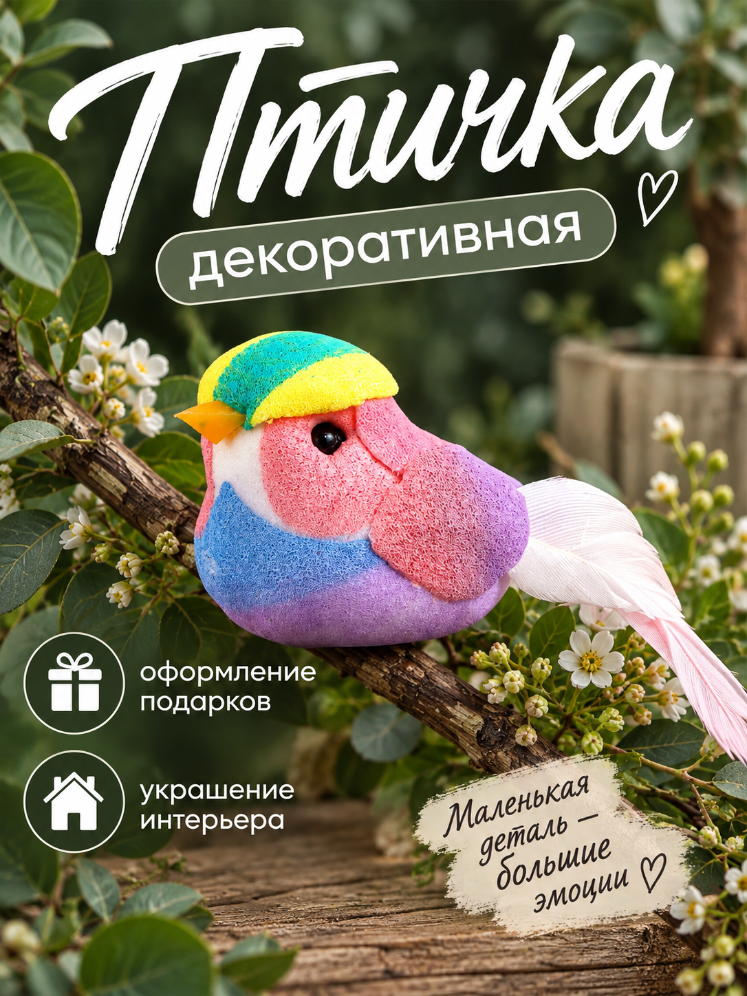 Декор для творчества и рукоделия Птичка, с натуральными перьями, 2,5х5 см